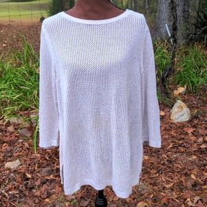 Talbots Ecru Round Neck ¾-Length Sleeves Side Slits Lightweight Sweater Petite